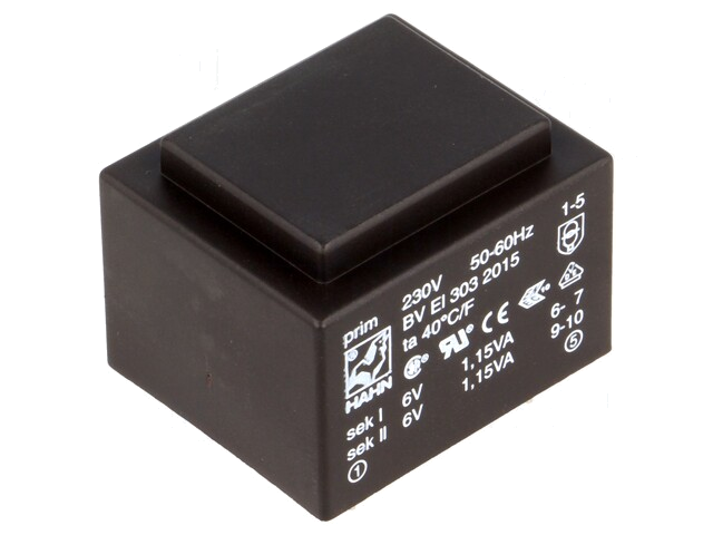 Transformator: ingegoten; 2,3VA; 230VAC; 6V; 6V; 191mA; 191mA; PCB Transformator: ingegoten; 2,3VA; 230VAC; 6V; 6V; 191mA; 191mA; PCB